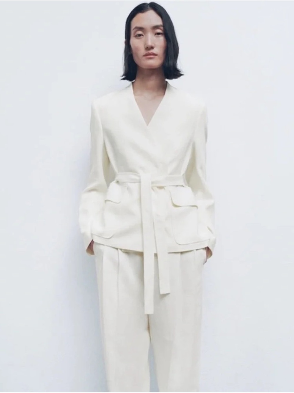Zara Cream Belted Wrap Jacket - L